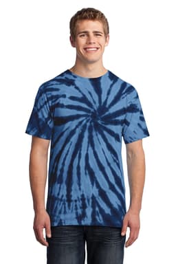 A man wearing a blue and navy tie-dye T-shirt with a swirl pattern. The shirt has a logo.