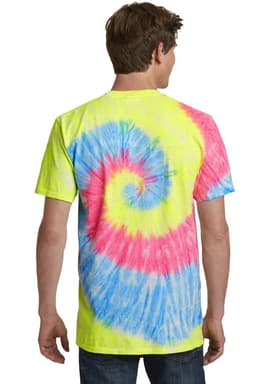 A tie-dye t-shirt featuring a swirl pattern in yellow, blue, and pink, with a logo on the back.