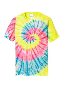 A tie-dye t-shirt featuring bright colours of yellow, pink, and blue with a spiral pattern. It has a logo on the label.