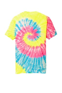 A vibrant tie-dye T-shirt featuring a spiral pattern in yellow, pink, and blue colours, with a branded logo.