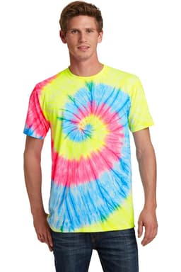 A man wearing a vibrant tie-dye tee in bright yellow, blue, and pink colours, with a spiral pattern. The shirt has a logo.