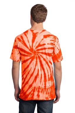 A vibrant orange and white tie-dye t-shirt featuring a swirl pattern, viewed from the back.