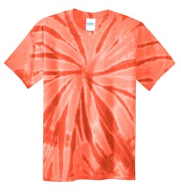 A tie-dye t-shirt featuring vibrant shades of orange in a swirling pattern. It has a label visible at the neck.