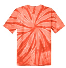 A tie-dye t-shirt in shades of orange and coral, featuring a spiral pattern and short sleeves.