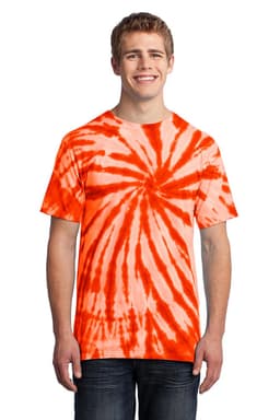 A man wearing an orange tie-dye T-shirt with a spiral pattern, featuring a logo on the shirt.