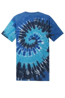 A blue tie-dye t-shirt featuring a spiral pattern in varying shades of blue and navy. It has a logo on it.