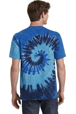 A blue tie-dye tee featuring a spiral pattern, with darker blue shades, viewed from the back.
