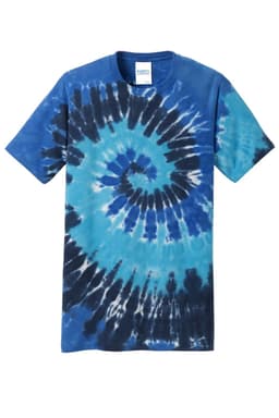 A tie-dye t-shirt featuring a spiral pattern in shades of blue and navy. It has a branding label on the neckline.
