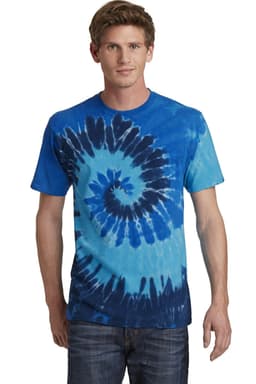 A man wearing a blue tie-dye t-shirt with a spiral pattern. The shirt features a logo on the front.