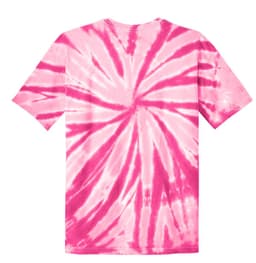 A vibrant pink tie-dye t-shirt with a swirling pattern, featuring a logo.
