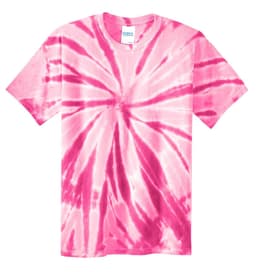 A pink tie-dye T-shirt featuring a swirling pattern and a logo on the label.