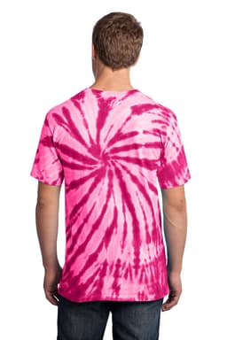 A tie-dye T-shirt in vibrant pink and white with a swirling pattern, featuring a branding logo.