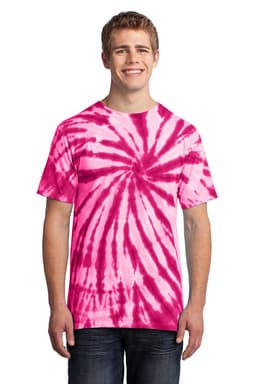 A man wearing a pink tie-dye T-shirt featuring a spiral pattern and a logo on the front.