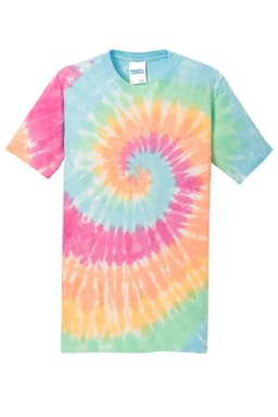 A tie-dye T-shirt featuring a spiral pattern in pastel colours of pink, orange, yellow, and blue. It has a logo.