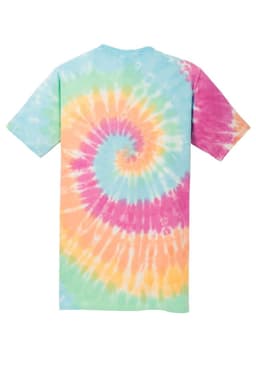 A tie-dye t-shirt featuring a spiral design in pastel colours of blue, pink, orange, and yellow. It has a logo.