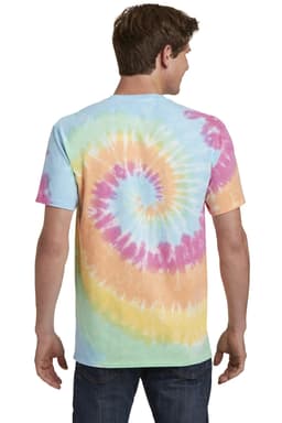 A tie-dye t-shirt in pastel colours featuring a spiral pattern and a branding logo on the front.