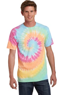 A man wearing a multi-coloured tie-dye T-shirt featuring a spiral pattern in pastel shades of pink, blue, and green.