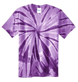 A purple tie-dye T-shirt featuring a swirling pattern and a label.