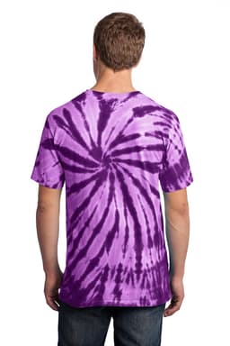 A tie-dye T-shirt featuring a spiral pattern in shades of purple, displayed from the back. It includes a logo.