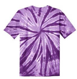 A purple tie-dye t-shirt featuring a spiral pattern and short sleeves, with a label on the neck.