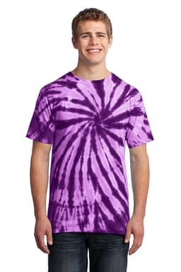 A purple tie-dye T-shirt displayed on a smiling male model. The shirt features a spiral pattern and has a logo.