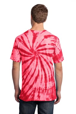 A tie-dye T-shirt in shades of pink and red, featuring a spiral pattern and a branded logo.