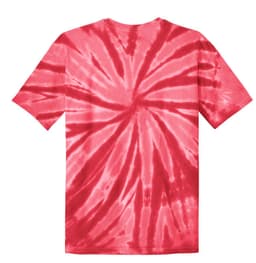 A tie-dye T-shirt in vibrant shades of red, featuring a spiral pattern and a logo on the back.