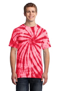 A man wearing a red and white tie-dye t-shirt, featuring a spiral pattern and a logo on the shirt.