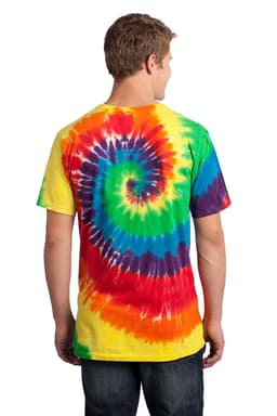 A vibrant tie-dye t-shirt featuring a swirling pattern of red, yellow, green, blue, and purple colours. It has a logo.