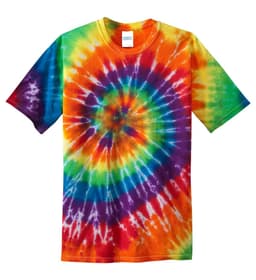 A vibrant tie-dye t-shirt featuring swirls of orange, yellow, green, blue, and purple. It has a logo on the label.