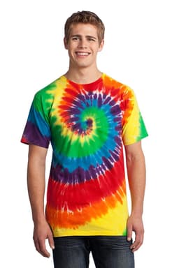 A man is wearing a colourful tie-dye t-shirt featuring a spiral design in vibrant hues of red, blue, green, and yellow.