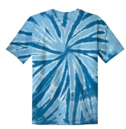 A blue tie-dye T-shirt with a spiral pattern and a logo on the back.