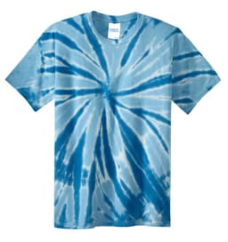 A blue tie-dye t-shirt featuring a spiral pattern and short sleeves, with a brand label on the neckline.