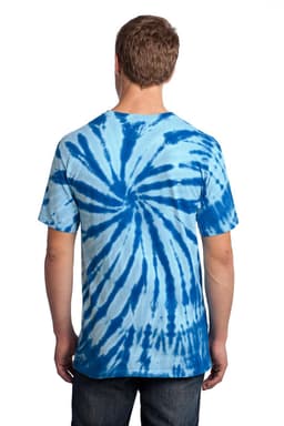 A tie-dye t-shirt featuring a blue spiral pattern on a light blue background, with a logo on the back.