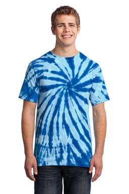 A blue and white tie-dye t-shirt displayed on a smiling male model, featuring a spiral pattern and a logo.