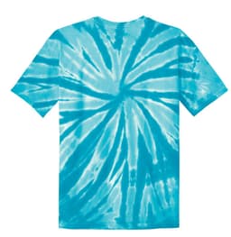 A turquoise tie-dye T-shirt with a spiral pattern and short sleeves, featuring a logo.