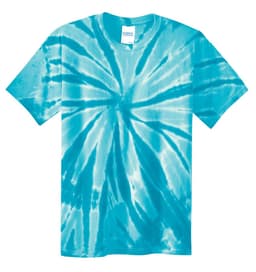 A turquoise tie-dye T-shirt featuring a spiral pattern and a label at the neckline.