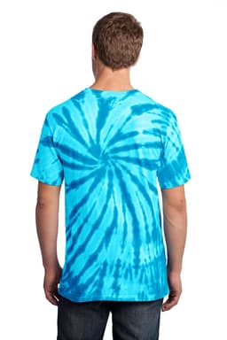 A tie-dye t-shirt in vibrant shades of blue, featuring a swirling pattern and short sleeves.