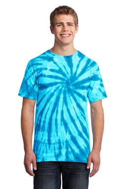 A man wearing a blue tie-dye T-shirt with a spiral pattern, featuring a logo on the front.