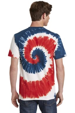 A tie-dye t-shirt featuring a spiral pattern in red, white, and blue colours, with a logo on the back.