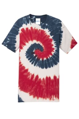 A tie-dye T-shirt featuring a spiral pattern in red, navy, and cream colours. It has a brand logo on the label.