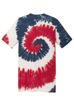 A tie-dye T-shirt featuring a red, white, and navy spiral pattern with short sleeves and a crew neck.