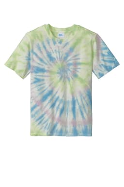 A tie-dye T-shirt featuring green, blue, and pastel pink swirling patterns. It has a brand logo on the label.