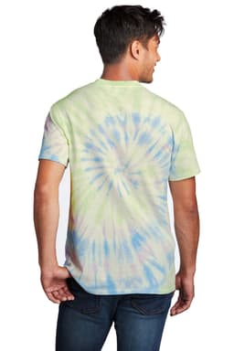 A man wearing a pastel tie-dye t-shirt with a spiral pattern, showcasing green, blue, and purple hues.