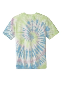 A tie-dye T-shirt featuring a spiral pattern in green, blue, and purple hues, with a back view shown.