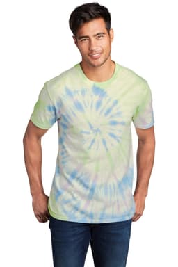 A tie-dye T-shirt in shades of green, blue, and white, featuring a casual fit and short sleeves.