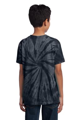 Youth tie-dye tee in a spiral pattern featuring shades of black and grey, viewed from the back. It includes a logo.