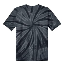 A youth tie-dye tee in shades of black and grey, featuring a spiral pattern, with a logo on the back.