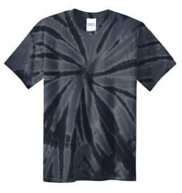 A youth tie-dye tee featuring a spiral design in black and grey tones, with a logo on the label.