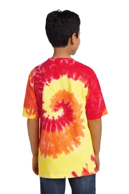 A youth tie-dye tee featuring a spiral pattern in red, orange, and yellow hues, with a logo on the back.